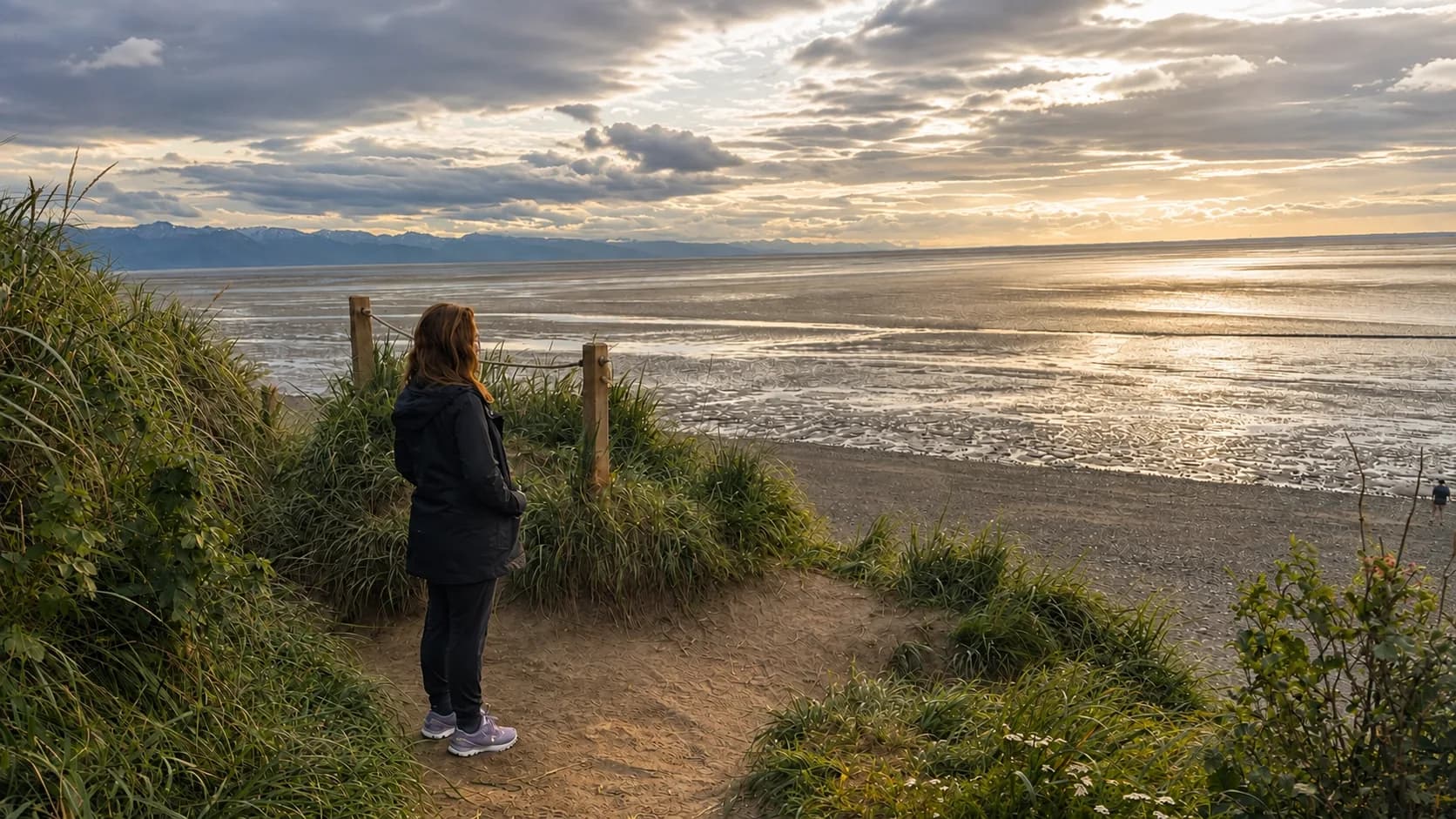 A coastal bluff overlook trail in Kincaid Park above the Cook Inlet tidal flats